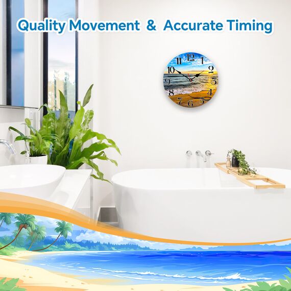 TAHEAT 20 cm Meer Strand Wanduhr, Klein Schöne Modern Badezimmer Uhr, Ohne Tickgeräusche Mediterrane Wanduhren für Wohnzimmer Schlafzimmer Küche