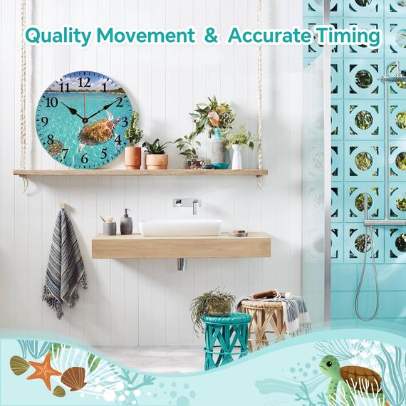 TAHEAT Meeresschildkröte Wanduhr, 20 cm Klein Tropischen Uhren, Holz Batteriebetrieben Geräuschlos Leise Wanduhren für Badezimmer Küche Wohnzimmer Schlafzimmer