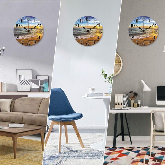 TAHEAT Strand Wellen Sonnenuntergang Wanduhr, Leise Nicht tickend Batteriebetrieben Uhren, Leicht zu lesen Dekorativ Wanduhren für Schlafzimmer/Küche/Wohnzimmer/Bad, 34 cm