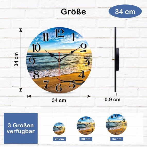 TAHEAT Strand Wellen Sonnenuntergang Wanduhr, Leise Nicht tickend Batteriebetrieben Uhren, Leicht zu lesen Dekorativ Wanduhren für Schlafzimmer/Küche/Wohnzimmer/Bad, 34 cm