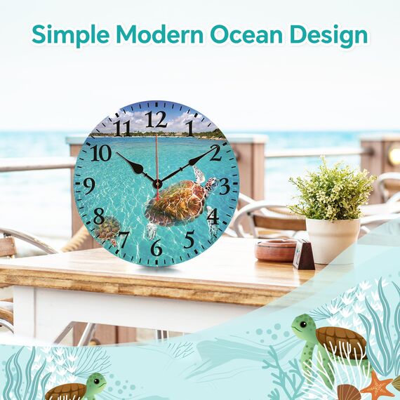 TAHEAT Meeresschildkröte Wanduhr, 20 cm Klein Tropischen Uhren, Holz Batteriebetrieben Geräuschlos Leise Wanduhren für Badezimmer Küche Wohnzimmer Schlafzimmer