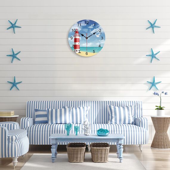 TAHEAT Leuchtturm Möwe Ozean Wanduhr, Hölzern Batteriebetrieben Uhren, Leise Nicht tickend Leicht zu lesen Wanduhr für Küche/Schlafzimmer/Wohnzimmer, 34 cm