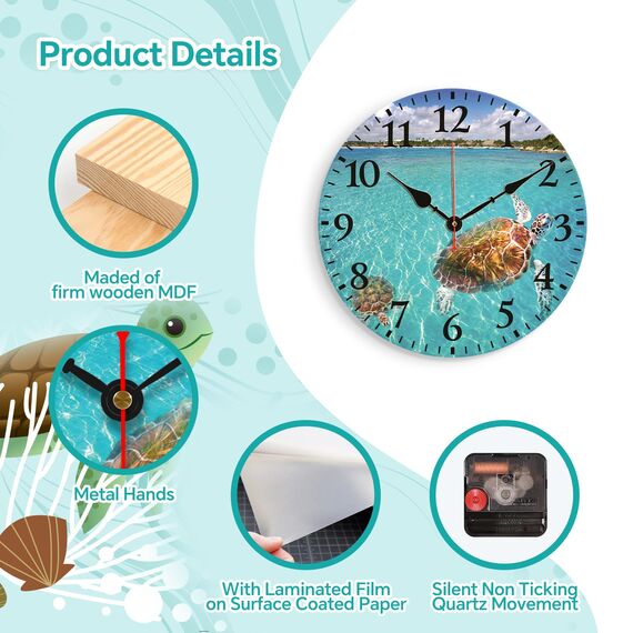 TAHEAT Meeresschildkröte Wanduhr, 20 cm Klein Tropischen Uhren, Holz Batteriebetrieben Geräuschlos Leise Wanduhren für Badezimmer Küche Wohnzimmer Schlafzimmer