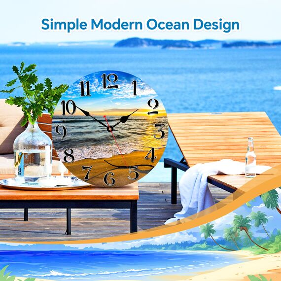 TAHEAT 20 cm Meer Strand Wanduhr, Klein Schöne Modern Badezimmer Uhr, Ohne Tickgeräusche Mediterrane Wanduhren für Wohnzimmer Schlafzimmer Küche