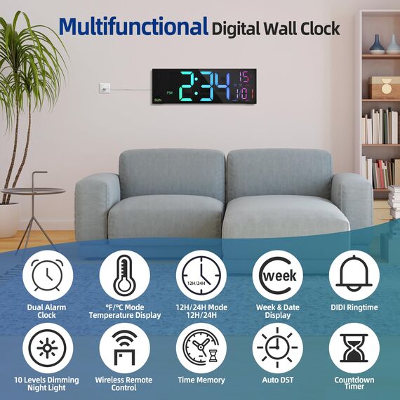 HAITANG 16'' Schwarz große Digitale Wanduhr für Wohnzimmer, Fernbedienung, Dual-Alarm, 8 RGB-Farben, großes LED-Display, automatische Helligkeit, Datum, automatische Sommerzeit, Temperatur