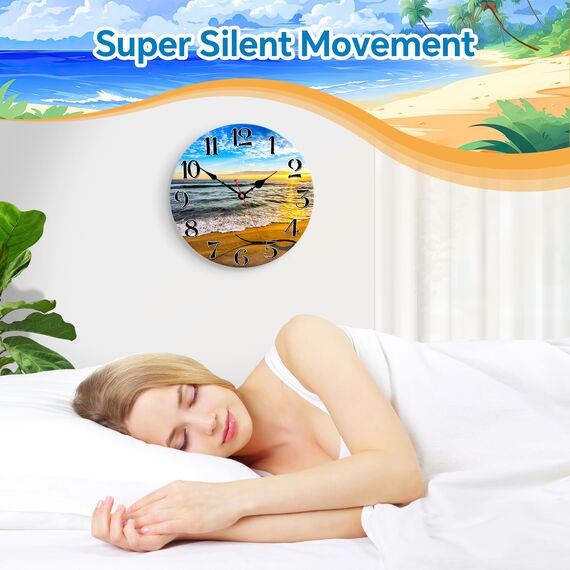 TAHEAT 20 cm Meer Strand Wanduhr, Klein Schöne Modern Badezimmer Uhr, Ohne Tickgeräusche Mediterrane Wanduhren für Wohnzimmer Schlafzimmer Küche