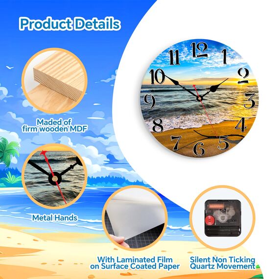 TAHEAT 20 cm Meer Strand Wanduhr, Klein Schöne Modern Badezimmer Uhr, Ohne Tickgeräusche Mediterrane Wanduhren für Wohnzimmer Schlafzimmer Küche