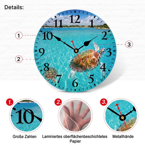 TAHEAT 34 cm Schildkröte Unterwasser Wanduhr, Leise Nicht tickend Nautisch Meer Runden Uhren, Batteriebetrieben Leicht zu lesen Wanduhr für Wohnzimmer Küche Bad Büro