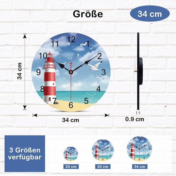 TAHEAT Leuchtturm Möwe Ozean Wanduhr, Hölzern Batteriebetrieben Uhren, Leise Nicht tickend Leicht zu lesen Wanduhr für Küche/Schlafzimmer/Wohnzimmer, 34 cm