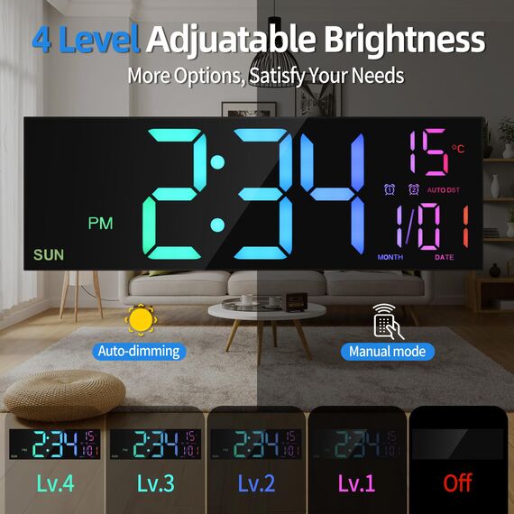 HAITANG 16'' Schwarz große Digitale Wanduhr für Wohnzimmer, Fernbedienung, Dual-Alarm, 8 RGB-Farben, großes LED-Display, automatische Helligkeit, Datum, automatische Sommerzeit, Temperatur