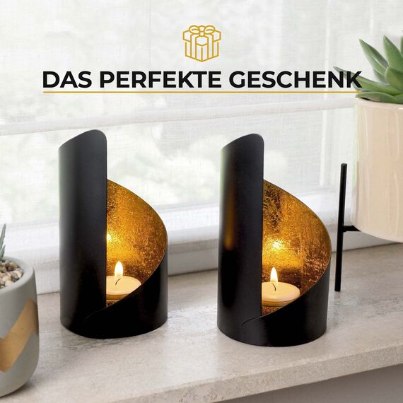 Gadgy Teelichthalter Schwarz Gold - Windlicht Esstisch Deko 2er Set - Teelichthalter Metall Wohnzimmer Modern - Windlicht Metall Deko schwarz - Tischdeko Windlichter schwarz - Wohndeko Set