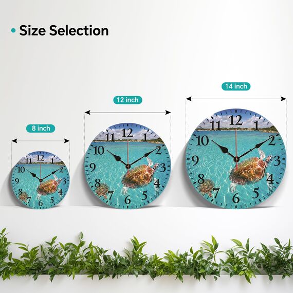 TAHEAT Meeresschildkröte Wanduhr, 20 cm Klein Tropischen Uhren, Holz Batteriebetrieben Geräuschlos Leise Wanduhren für Badezimmer Küche Wohnzimmer Schlafzimmer