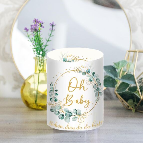 12 Windlicht Tischdeko Oh Baby, Babyshowerparty Deko Mädchen Junge, Teelichter Eukalyptus Grün Deko, Babyparty Deko Neutral, Schön DASS Du Da Bist, Geeignet Für Teelichter Oder Kerzen