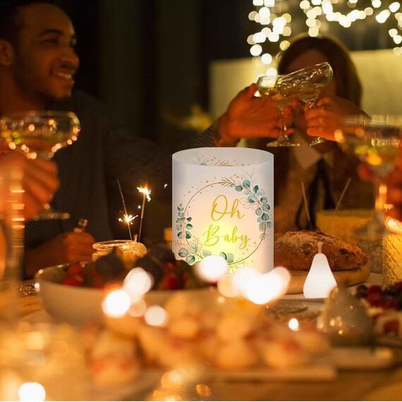 12 Windlicht Tischdeko Oh Baby, Babyshowerparty Deko Mädchen Junge, Teelichter Eukalyptus Grün Deko, Babyparty Deko Neutral, Schön DASS Du Da Bist, Geeignet Für Teelichter Oder Kerzen