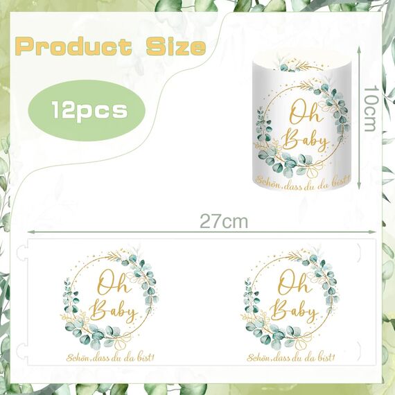 12 Windlicht Tischdeko Oh Baby, Babyshowerparty Deko Mädchen Junge, Teelichter Eukalyptus Grün Deko, Babyparty Deko Neutral, Schön DASS Du Da Bist, Geeignet Für Teelichter Oder Kerzen