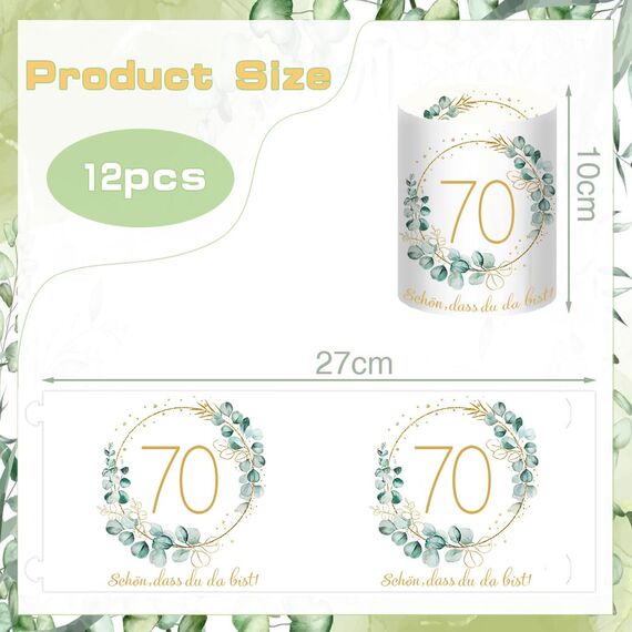 12 Windlicht Tischdeko 70 Geburtstag, Deko 70 Geburtstag Frau Mann, Happy Birthday Tischdeko 70. Geburtstags Frauen, Geeignet für Teelichter oder Kerzen mit Schön DASS Du Da Bist und Eukalyptus