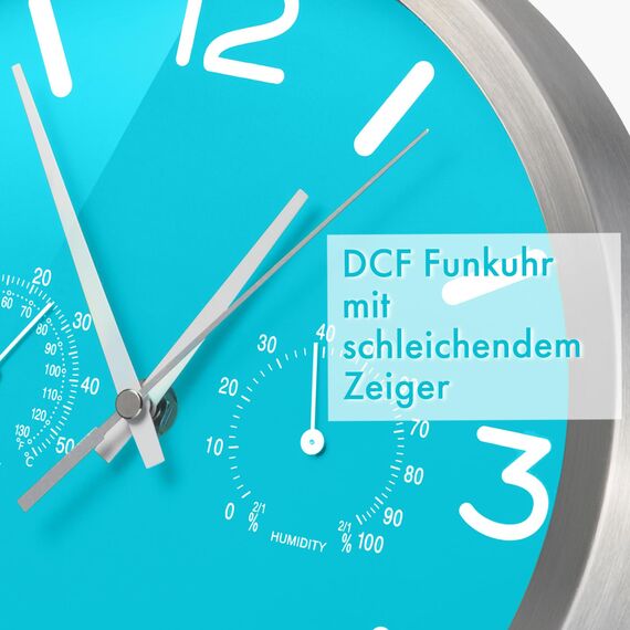 Bresser Funkuhr Wanduhr MyTime ND Thermo-Hygro mit geräuschlosem Funkuhrwerk, Edelstahlrahmen und Anzeige für Temperatur und Luftfeuchtigkeit, hellblau, 250 x 250 mm