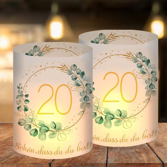 12 Windlicht Tischdeko 20 Geburtstag, Deko 20. Geburtstag Mädchen Junge, Happy Birthday Tischdeko 20. Geburtstags Frau Mann Geeignet für Teelichter oder Kerzen mit Schön DASS Du Da Bist und Eukalyptus