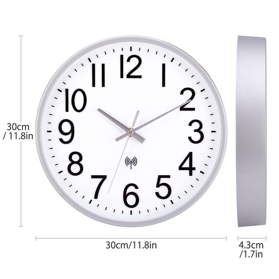 NESIFEE Funkwanduhr Funkuhr Wanduhr Ohne TickgeräUsche 30 cm, Wanduhr Funk Quarz Batterie Betriebene Moderne, Dekoration für Jede Wand, Silber