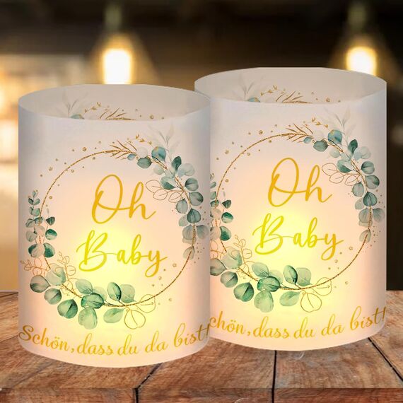 12 Windlicht Tischdeko Oh Baby, Babyshowerparty Deko Mädchen Junge, Teelichter Eukalyptus Grün Deko, Babyparty Deko Neutral, Schön DASS Du Da Bist, Geeignet Für Teelichter Oder Kerzen