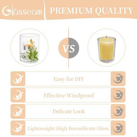 Glasseam Kerzenhalter Glas Teelichthalter, Zylinder Teelichtgläser Klein Kerzen Deko Hochzeit Wohnzimmer Tisch, Kerzengläser Vintage Teelicht Gläser 6er Set für Weihnachten Geburtstag Verzieren