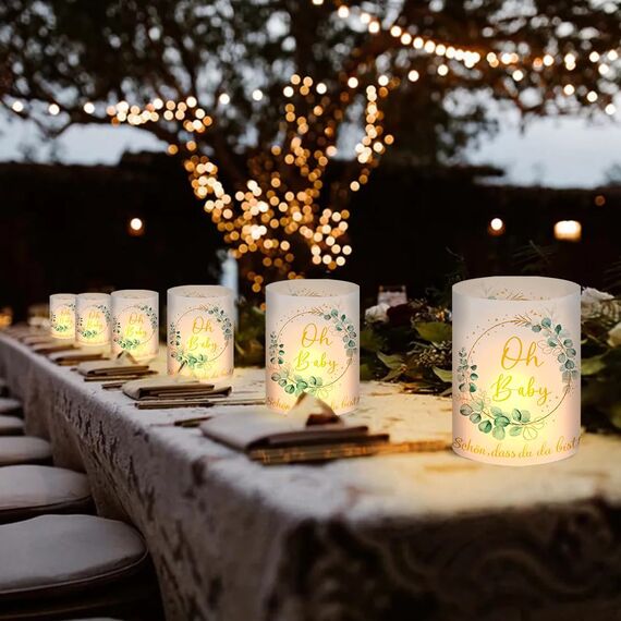 12 Windlicht Tischdeko Oh Baby, Babyshowerparty Deko Mädchen Junge, Teelichter Eukalyptus Grün Deko, Babyparty Deko Neutral, Schön DASS Du Da Bist, Geeignet Für Teelichter Oder Kerzen