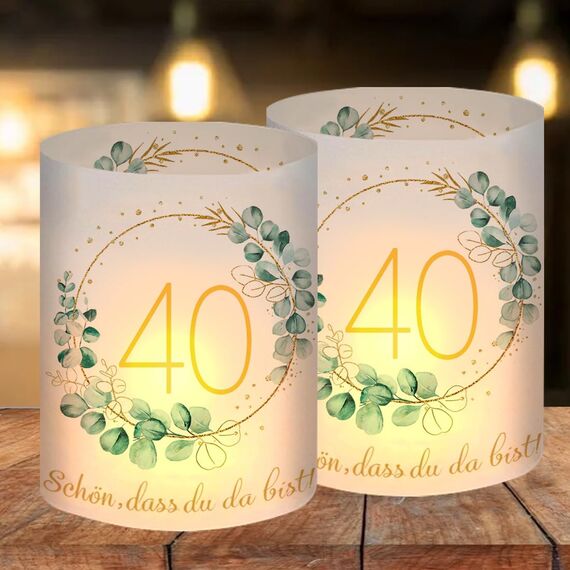 12 Windlicht Tischdeko 40 Geburtstag, Happy Birthday Tischdeko 40. Geburtstag Frauen, 40 Geburtstagsdeko Frau Mann, Geeignet für Teelichter oder Kerzen mit Schön DASS Du Da Bist und Eukalyptus