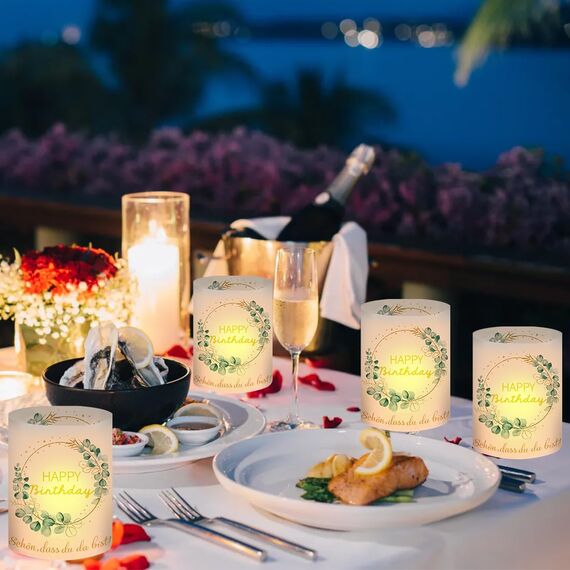 12 Windlicht Tischdeko Geburtstag, Happy Birthday Tischdekoration, Geburtstagsdeko Frauen Männer Mädchen Jungen, Geeignet für Teelichter oder Kerzen mit Schön DASS Du Da Bist und Eukalyptus