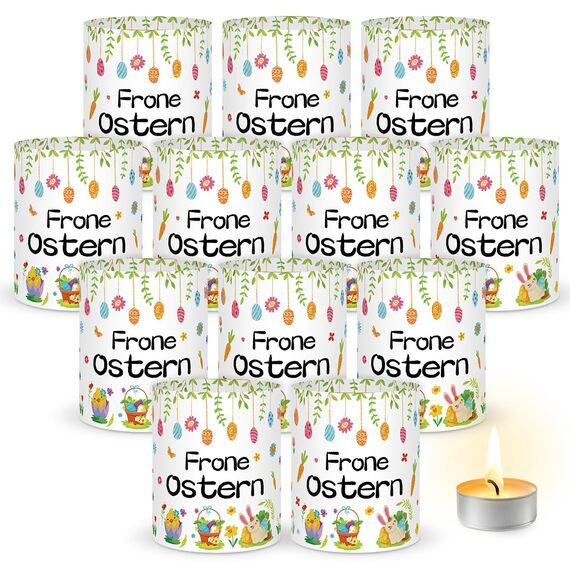 12 Windlicht Tischdeko Ostern, Deko Ostern Teelichter Lichthülle, Teelichthalter Osterndeko Windlichter Set Tischdeko für Teelicht Kerzen