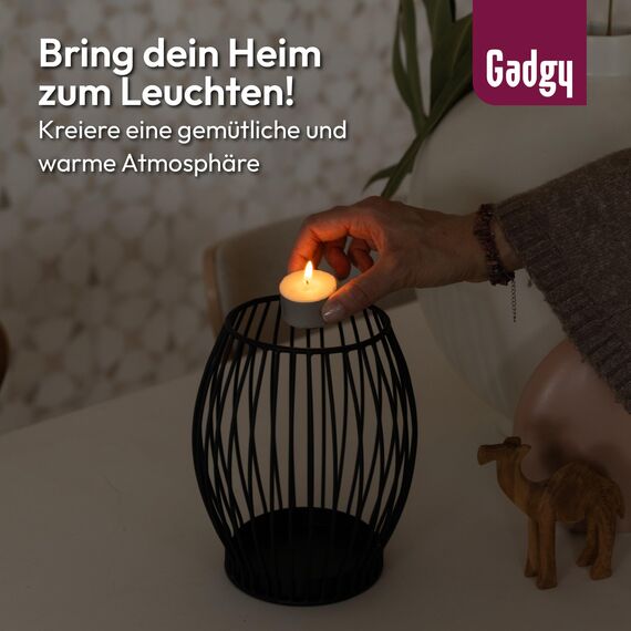 Gadgy Kerzenständer schwarz - Windlicht groß für Kerzen - Kerzenhalter schwarz - Laterne Wohnzimmer Deko - Metall Kerzen Deko - Windlicht schwarz - Laterne schwarz - 16,7 x 18 cm