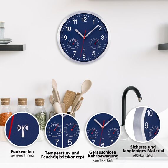 NESIFEE Funkwanduhr Geräuschlos Funkuhr Wand Wanduhr Funk Ohne Tickgeräusche mit Temperaturanzeige und Feuchtigkeitsmesser Lautlos Leis kein Ticken Blau Gut Lesbar für Wohnzimmer Büro Küche Uhr