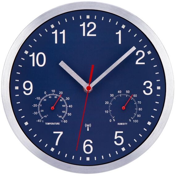 NESIFEE Funkwanduhr Geräuschlos Funkuhr Wand Wanduhr Funk Ohne Tickgeräusche mit Temperaturanzeige und Feuchtigkeitsmesser Lautlos Leis kein Ticken Blau Gut Lesbar für Wohnzimmer Büro Küche Uhr