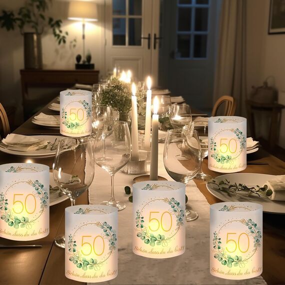 12 Windlicht Tischdeko 50 Geburtstag, Deko 50 Geburtstag Frau Mann, Happy Birthday Tischdeko Geburtstagslaternen 50th Frauen, Geeignet für Teelichter oder Kerzen