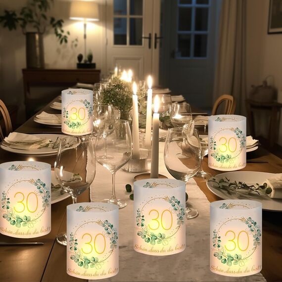 12 Windlicht Tischdeko 30 Geburtstag, Deko 30 Geburtstag Frau Mann, Happy Birthday Tischdeko 30. Geburtstags Frauen, Geeignet für Teelichter oder Kerzen mit Schön DASS Du Da Bist und Eukalyptus