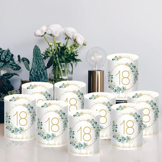 12 Windlicht Tischdeko 18 Geburtstag, Deko 18. Geburtstag Mädchen Junge, Happy 18th Birthday Windlicht Tischdeko, Geeignet für Teelichter oder Kerzen mit Schön DASS Du Da Bist und Eukalyptus