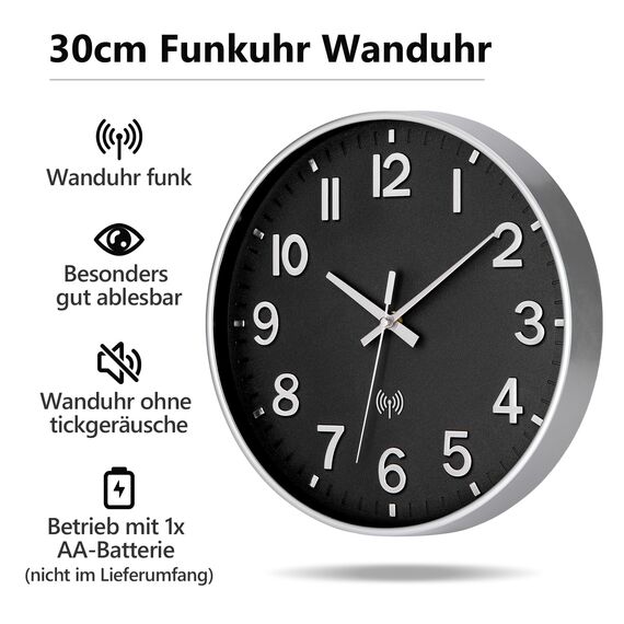 NESIFEE Wanduhr Funk Funkuhr Wand Lautlos Funkwanduhr Geräuschlos Funk Wanduhr Ohne TickgeräUsche 30cm Groß Moderne Design Wohnzimmeruhr Küchenuhren Deko Wohnzimmer Badezimmeruhr Wandfunkuhr Schwarz