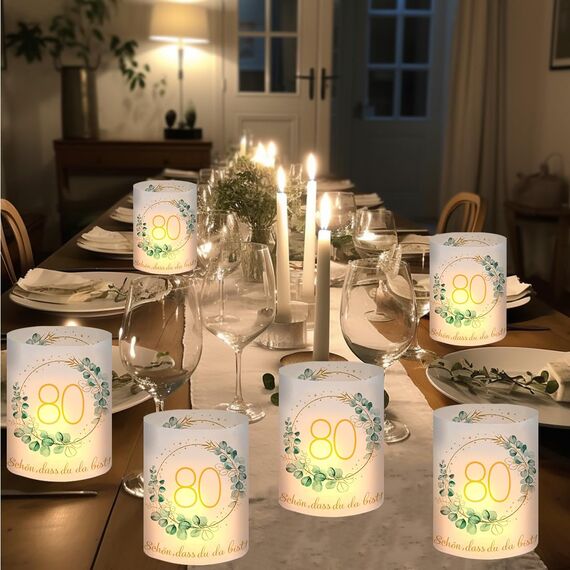 12 Windlicht Tischdeko 80 Geburtstag, Happy Birthday Tischdeko 80. Geburtstag Frauen, 80 Geburtstagsdeko Frau Mann, Geeignet für Teelichter oder Kerzen mit Schön DASS Du Da Bist und Eukalyptus