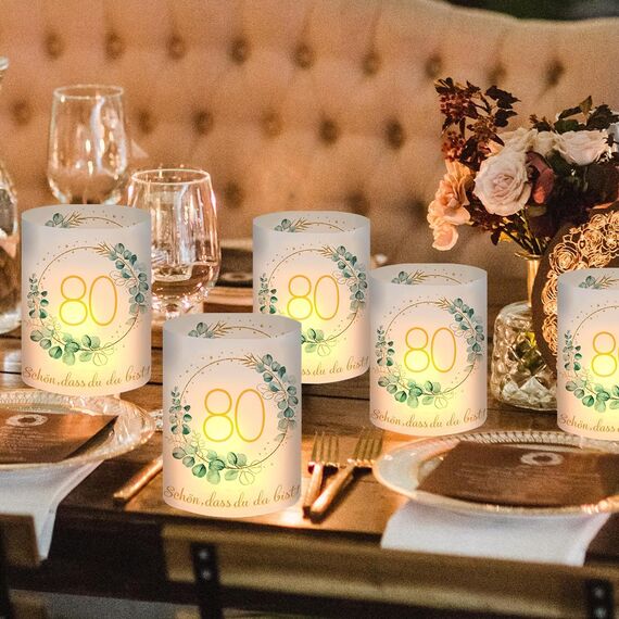 12 Windlicht Tischdeko 80 Geburtstag, Happy Birthday Tischdeko 80. Geburtstag Frauen, 80 Geburtstagsdeko Frau Mann, Geeignet für Teelichter oder Kerzen mit Schön DASS Du Da Bist und Eukalyptus