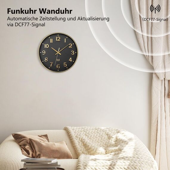 NESIFEE Wanduhr Funk Funkuhr Wand Lautlos Funkwanduhr Geräuschlos Funk Wanduhr Ohne TickgeräUsche 30cm Gold Groß Moderne Design Wohnzimmeruhr Küchenuhren Deko Wohnzimmer Badezimmeruhr Uhr Wand