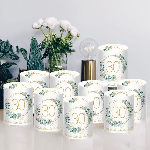 12 Windlicht Tischdeko 30 Geburtstag, Deko 30 Geburtstag Frau Mann, Happy Birthday Tischdeko 30. Geburtstags Frauen, Geeignet für Teelichter oder Kerzen mit Schön DASS Du Da Bist und Eukalyptus