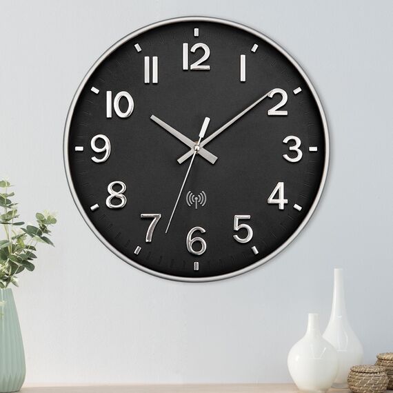 NESIFEE Wanduhr Funk Funkuhr Wand Lautlos Funkwanduhr Geräuschlos Funk Wanduhr Ohne TickgeräUsche 30cm Groß Moderne Design Wohnzimmeruhr Küchenuhren Deko Wohnzimmer Badezimmeruhr Wandfunkuhr Schwarz