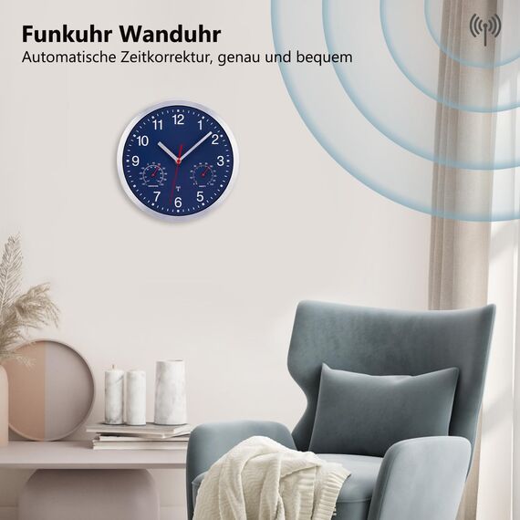 NESIFEE Funkwanduhr Geräuschlos Funkuhr Wand Wanduhr Funk Ohne Tickgeräusche mit Temperaturanzeige und Feuchtigkeitsmesser Lautlos Leis kein Ticken Blau Gut Lesbar für Wohnzimmer Büro Küche Uhr