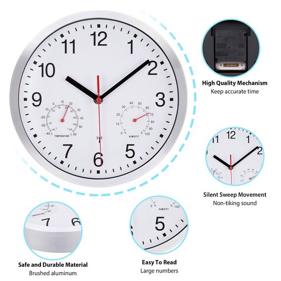 NESIFEE Funkwanduhr Geräuschlos Funkuhr Wand Wanduhr Funk Ohne Tickgeräusche mit Temperaturanzeige und Feuchtigkeitsmesser Lautlos Leis Kein Ticken Weiß gut Lesbar für Wohnzimmer Büro Küche Uhr