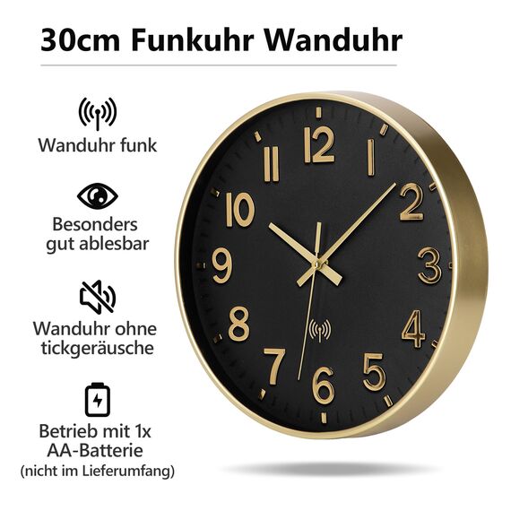 NESIFEE Wanduhr Funk Funkuhr Wand Lautlos Funkwanduhr Geräuschlos Funk Wanduhr Ohne TickgeräUsche 30cm Gold Groß Moderne Design Wohnzimmeruhr Küchenuhren Deko Wohnzimmer Badezimmeruhr Uhr Wand
