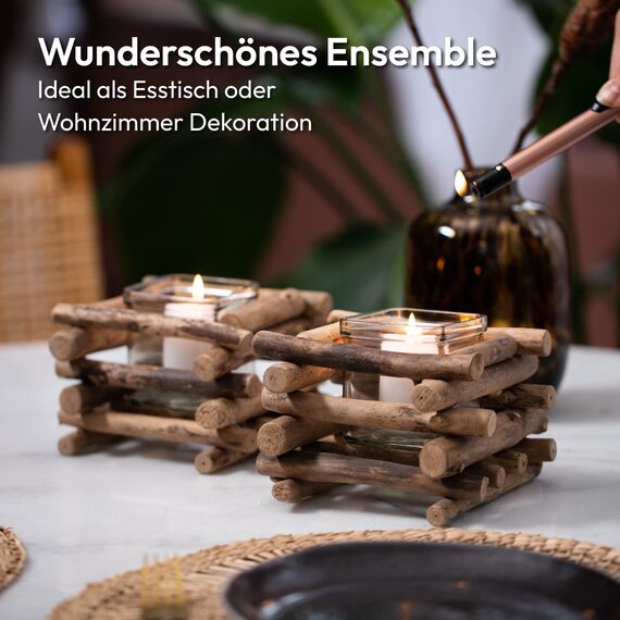 Gadgy Teelichthalter Holz | 2er Set Treibholz Deko | Tischdeko Wohnzimmer | Windlicht Herbst | Kerzenhalter Holz | Deko Fensterbank | Esstisch Deko | Teelichthalter Herbst | Rustikale Deko