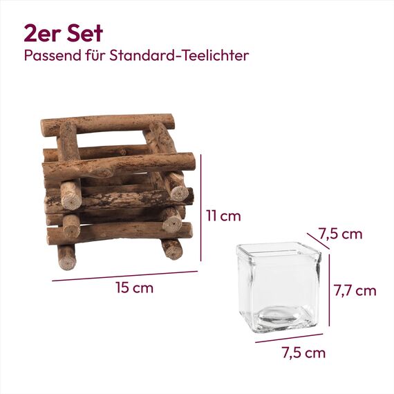 Gadgy Teelichthalter Holz | 2er Set Treibholz Deko | Tischdeko Wohnzimmer | Windlicht Herbst | Kerzenhalter Holz | Deko Fensterbank | Esstisch Deko | Teelichthalter Herbst | Rustikale Deko