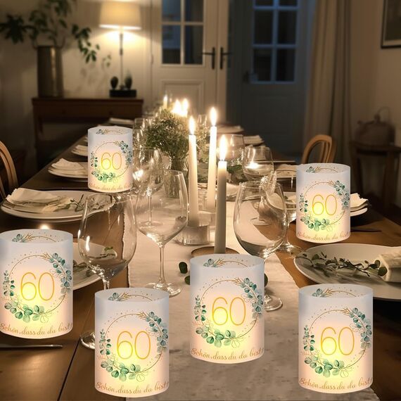 12 Windlicht Tischdeko 60 Geburtstag, Happy Birthday Tischdeko 60. Geburtstag Frauen, 60 Geburtstagsdeko Frau Mann, Geeignet für Teelichter oder Kerzen mit Schön DASS Du Da Bist und Eukalyptus