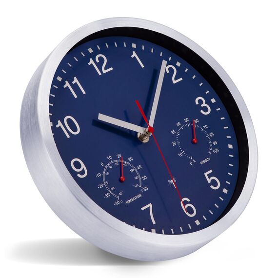 NESIFEE Funkwanduhr Geräuschlos Funkuhr Wand Wanduhr Funk Ohne Tickgeräusche mit Temperaturanzeige und Feuchtigkeitsmesser Lautlos Leis kein Ticken Blau Gut Lesbar für Wohnzimmer Büro Küche Uhr