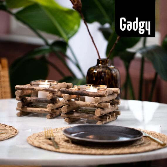 Gadgy Teelichthalter Holz | 2er Set Treibholz Deko | Tischdeko Wohnzimmer | Windlicht Herbst | Kerzenhalter Holz | Deko Fensterbank | Esstisch Deko | Teelichthalter Herbst | Rustikale Deko