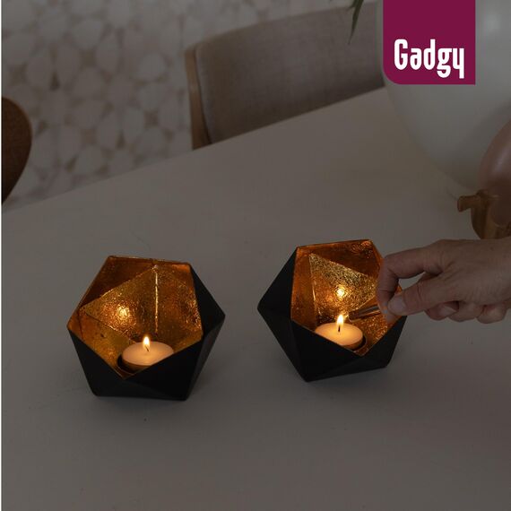 Gadgy Teelichthalter Schwarz Gold - Windlicht-Set 2-Pcs - Metall in Diamantform - Deko fur Esstisch & Wohndeko - Schwarz - 10 x 9 cm